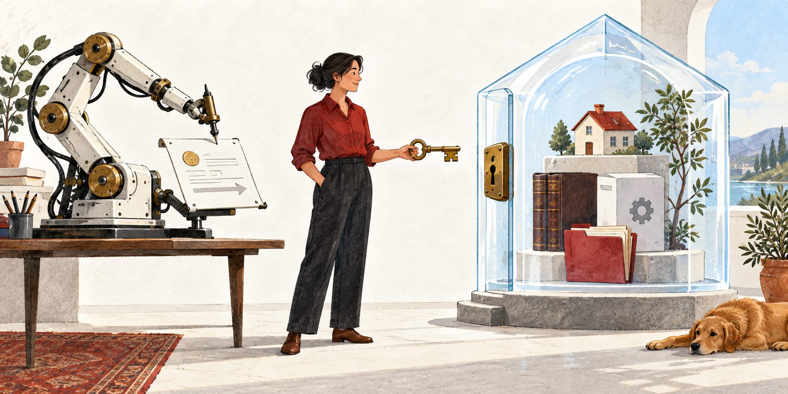A machine prepares a document while a person holds a brass key beside a glass house that protects a home, books, records and a safe.